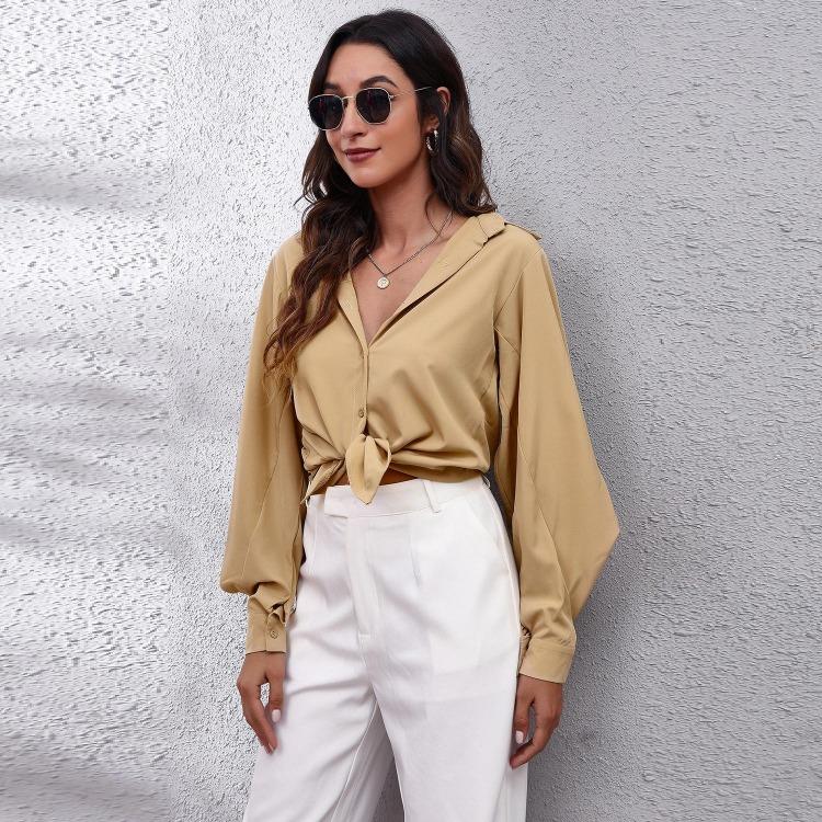 New Women Long Sleeve Blouse Button Down Collar Blouson Sleeve Shirt Solid Color Business Casual Tops Office Work Clothes Daily Wear Fashion S XL