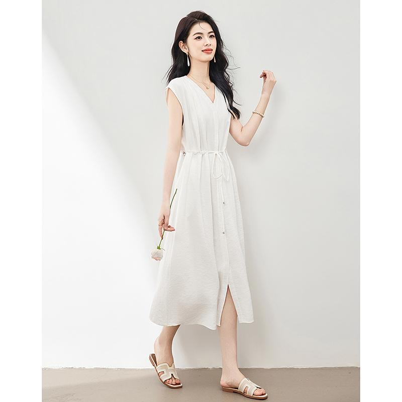 Thin strip mid length dress sleeveless V-neck casual skirt