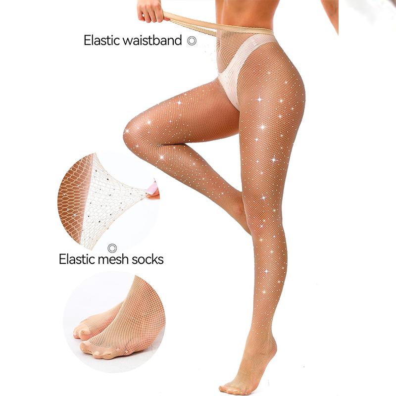 Women Rhinestone Party Pantyhose Sexy Sparkly Fishnets Stockings Jeweled High Waist Fishnet Tights Hollow Out Panties And Socks