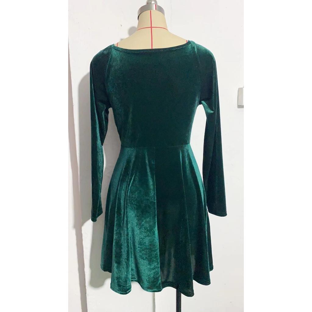 Damen Wickel V-Ausschnitt Langarm Samt Glitzer A-Linie Cocktailparty Swing Fit and Flare Skater Mini Kleid