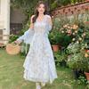 Women's Spring/Summer French Floral Sling Dress Set with Ruffled Sun Protection Shirt and Wide Hem A-Line Dress