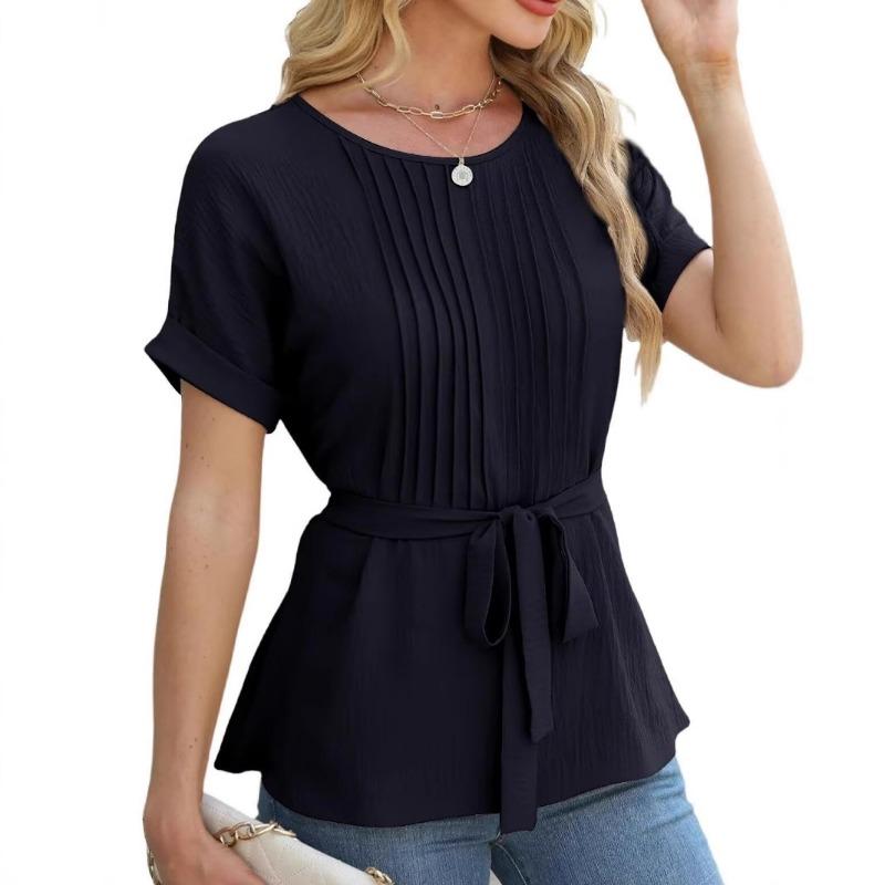 Spring Summer Casual Shirt with Ruffled Edges Pleated Round Neck Short Sleeved Top Fashion Women