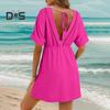 Women Summer Dress V Neck Short Sleeves Pleated High Waist Beach Coverup Loose Mini Dress Lace-up Tassel Strap Backless Slit Hem Dress