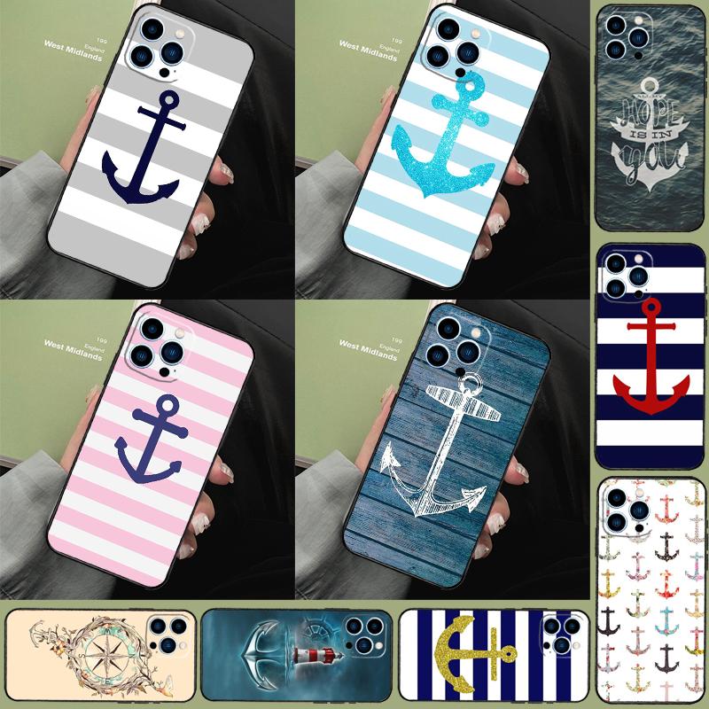 Stripes Anchor Boat Ship Funda Case For iPhone 16 15 14 Pro Max 11 12 13 Pro Max Mini XR 16 15 Plus 16e Phone Cover