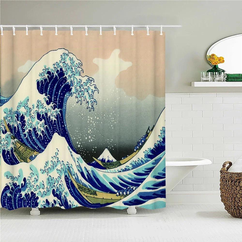 Duschvorhang im japanischen Stil 3D-Tuschemalerei Badezimmervorhang Wasserdicht mit Haken 180*240CM Duschvorhang Polyestergewebe