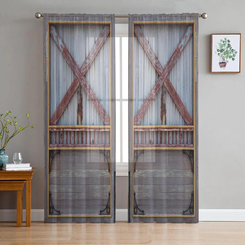 Moderne Vintage Holztür Türrahmen Tüllvorhänge Wohnzimmer Dekoration Chiffon Voile Küche Schlafzimmer Fenstervorhang mit Lichtfilterung Polyester