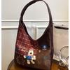 Plaid Canvas Tote Bag: Cute Cartoon Design, Large Capacity, Commuter-Friendly Shoulder Bag for Women