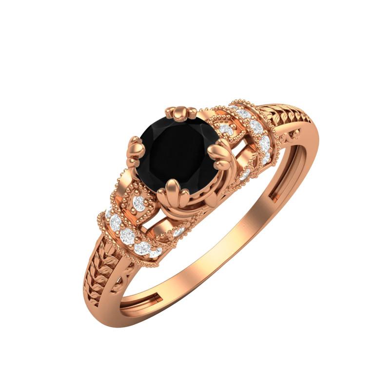 

5MM Round Black Spinel Gemstone 925 Sterling Silver Rose Plated Solitaire Blossom Design Women Wedding Ring 12 Яскраво-рожевий
