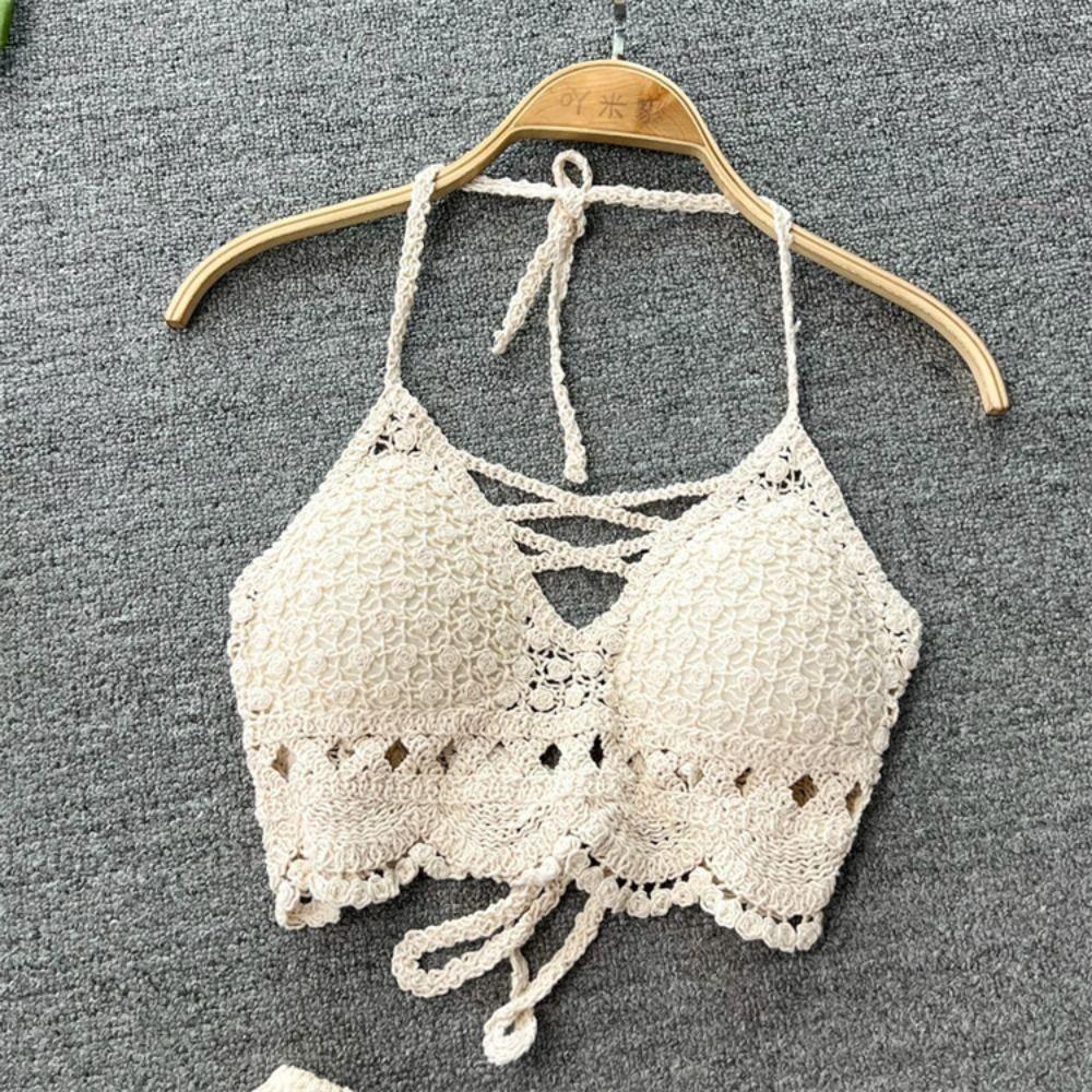 Sleeveless Hanging Neck Crochet Crop Tops Cotton Cardigan Bohemian Style Vest Female Camisole
