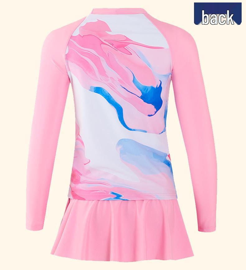 2025 Pink Tie-Dye Long Sleeve Two-Piece Swimsuit for Girls: Includes Short Skirt