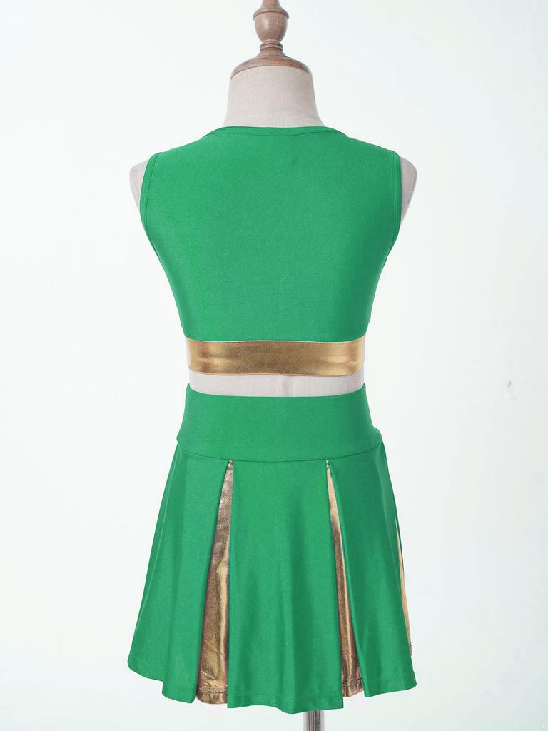 Girl's Cheerleading Uniform Fancy Dress Outfit Cosplay Halloween Costume Crop Top with Skirt and Hand Flowers