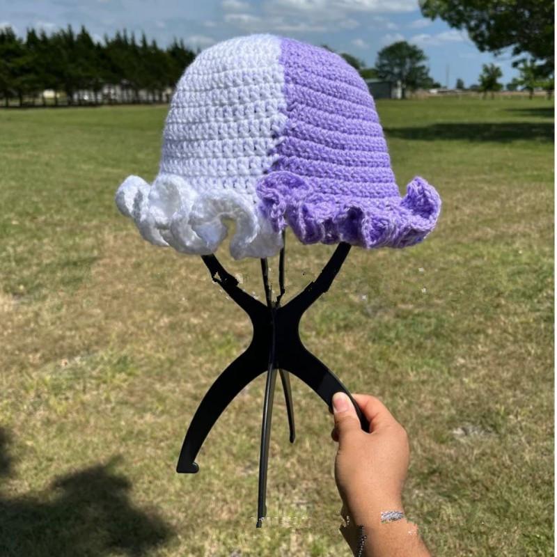 NEW Women Crochet Bucket Hats Y2k Fashion Pleated Ruffles Knitted Hat