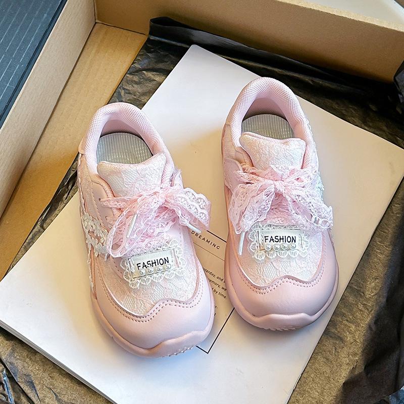Girls' Solid Color Sneakers2026Summer New Lace Bow Princess Casual Shoes with Small Flowers Running Shoes