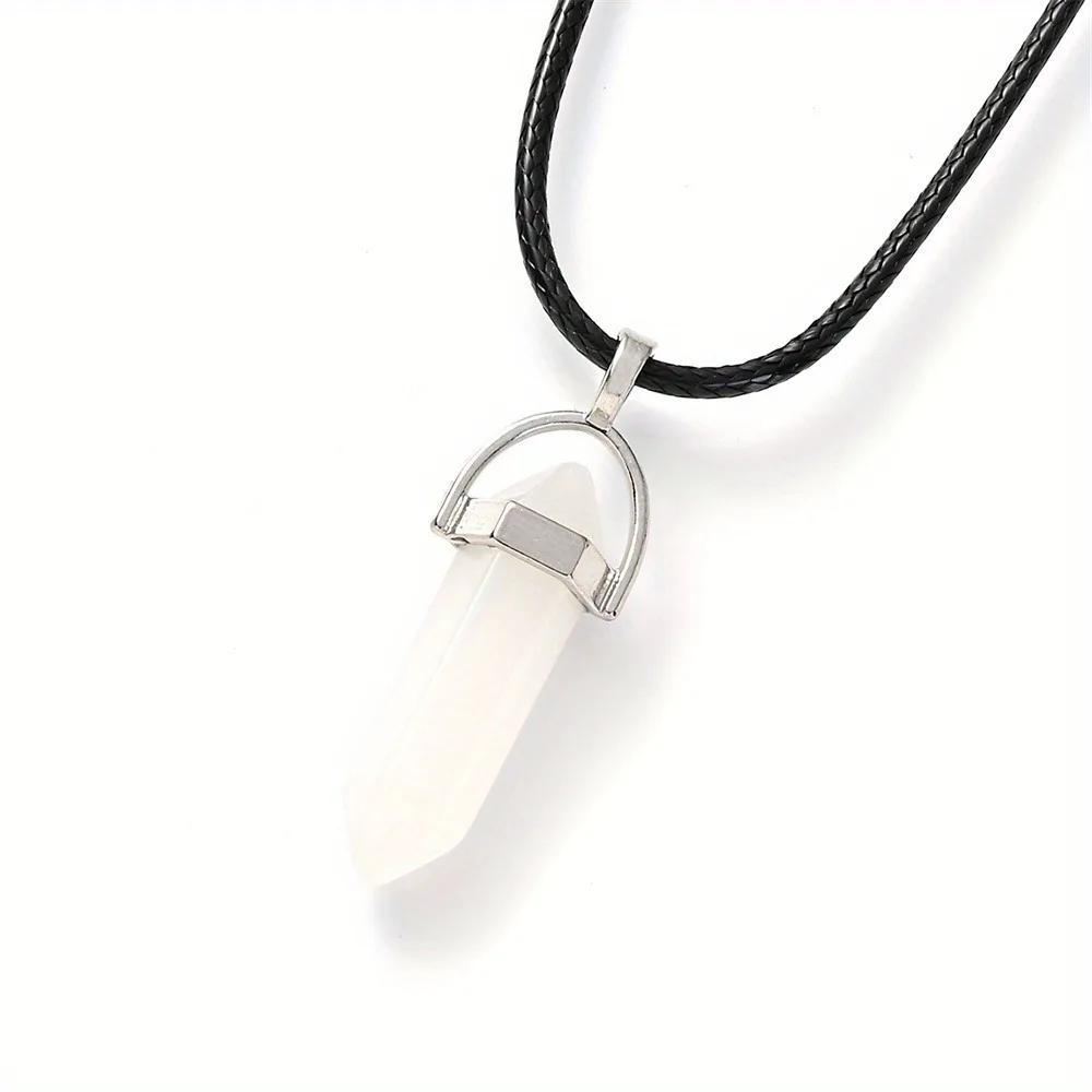 Natural Stone Pendant Necklace Women PU Leather Hexagonal Column Pointed Reiki Chakra Lapis Chunky Jewelry