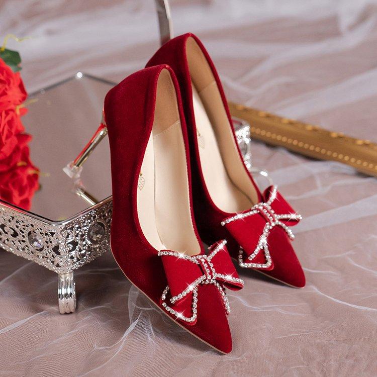 Dámské svatební boty Nové Kamínková mašle Červené Svatební Dámské Vysoký podpatek Špičatá špička Nazouvací lodičky Nude boty