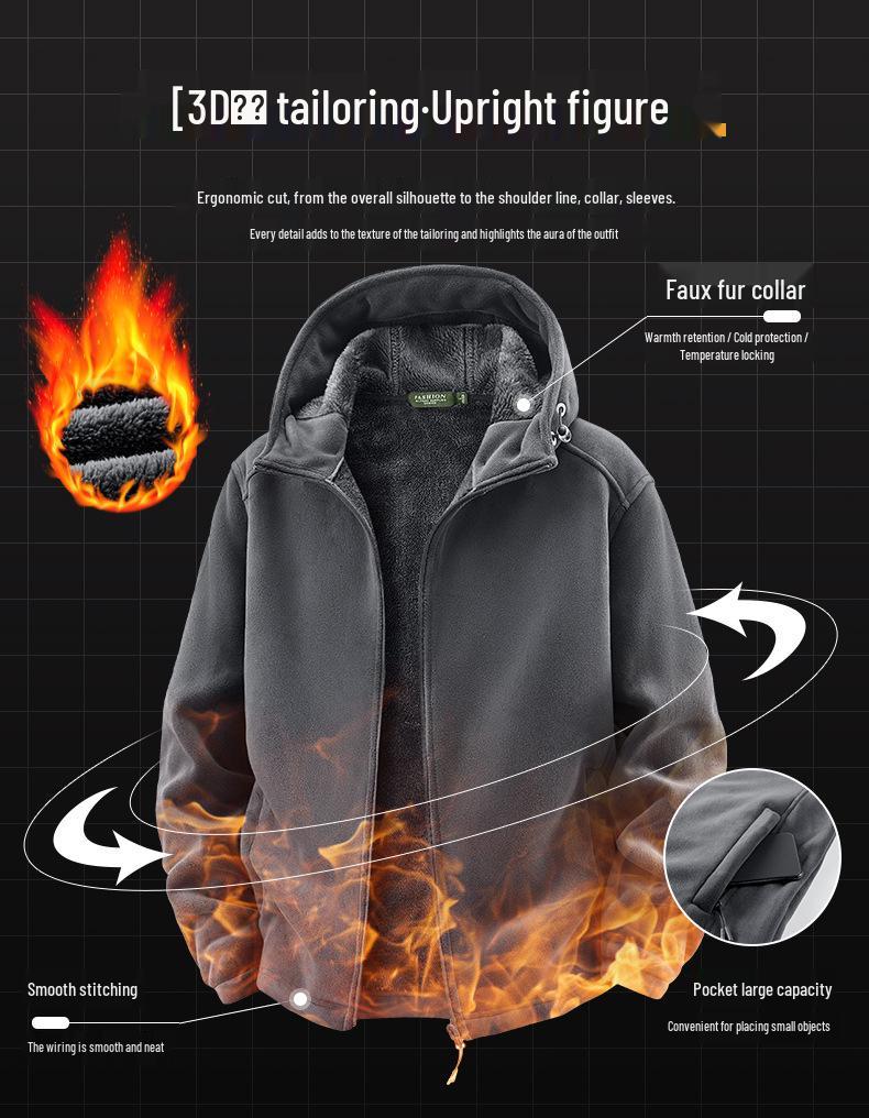 Men's Trendy Fleece Hooded Jacket: Warm, Thick, Casual Outdoor Coral Fleece for Autumn and Winter.