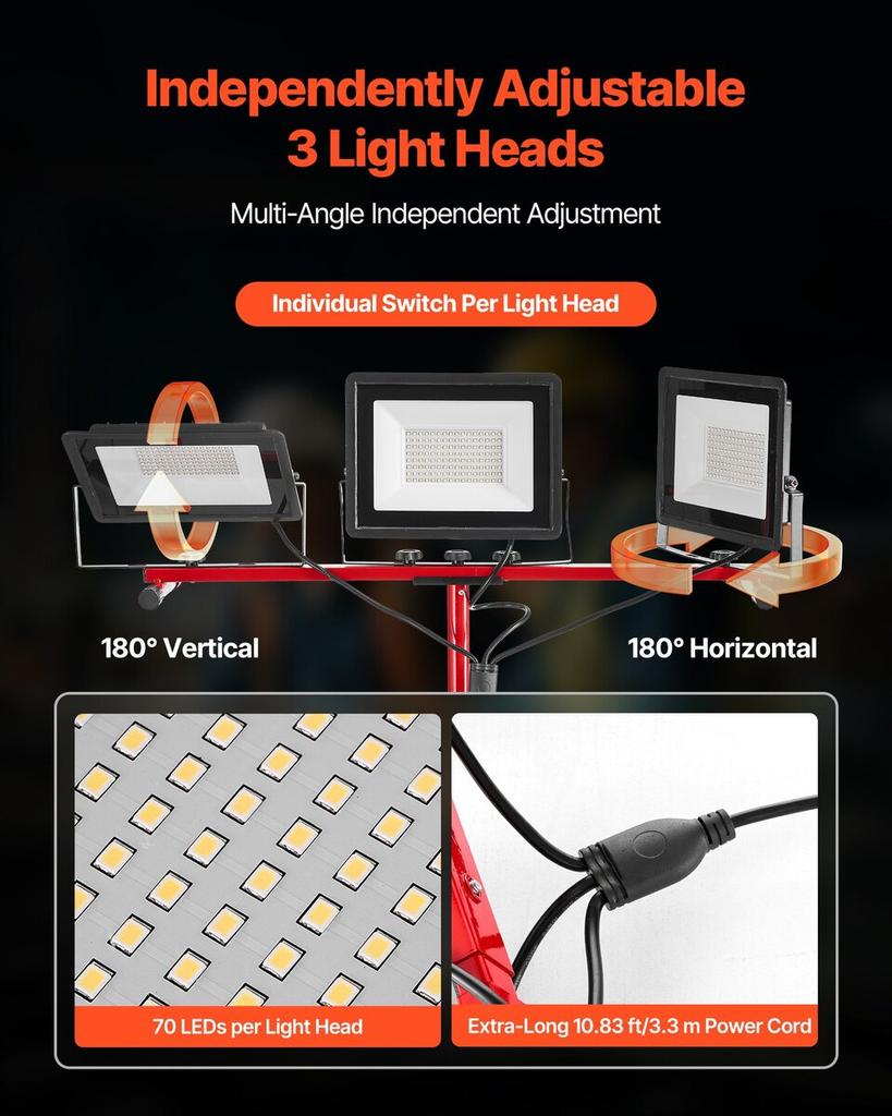 LED Work Light with Stand, 15000 Lumens, Three-Head Portable Camping Light with Individual Switch, Tripod Stand, 3.3 m Power Cord, for Indoor Outdoor