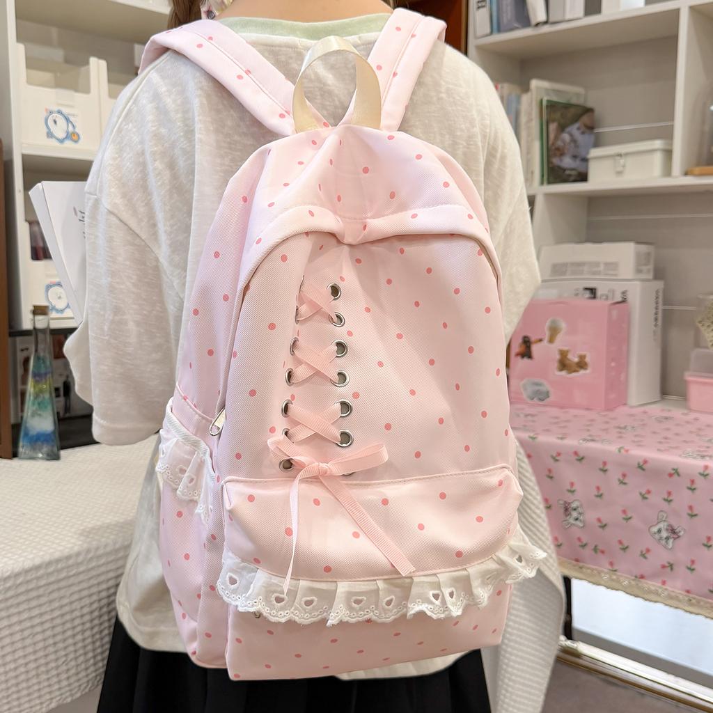Kawaii Rosa Gepunkteter Spitzenrüschen-Rucksack für Mädchen Japanischer JK-Stil Kreuzschnürung Schultasche für Grund- und Mittelschüler Niedliche Reisetasche