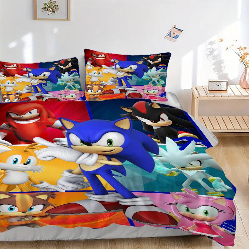 

Sonic the Hedgehog Characters Collage Bedding Set Comforter Cover Gift for Bedroom,Includes 1 Cover and 2 Pillowcases, No InsertB571 135x200cm