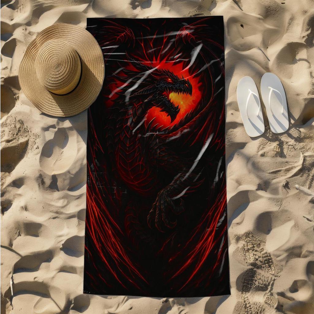 1pc Fiery Shadow Dragon Unleashed 2D Printed Microfiber Beach Towel, quick dry super absorbent. Great for beach, pool