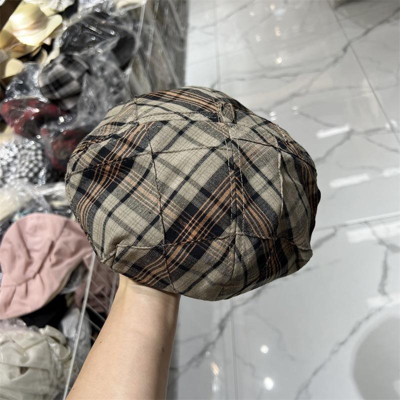 New plaid color matching beret women's spring and summer fashion versatile literary and artistic face small pumpkin tide retro painter hat