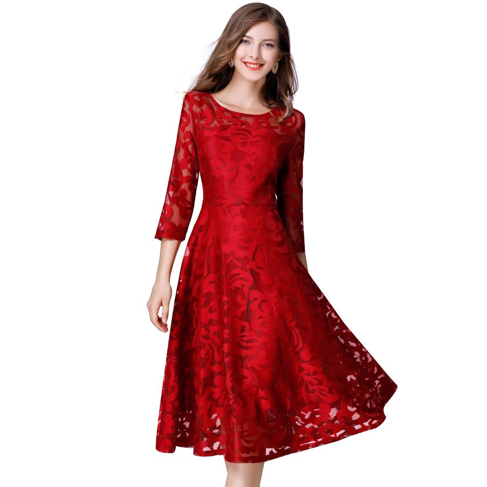 European & American Plus Size Red Lace Swing Dress - Spring/Autumn Fashion 200 Jin