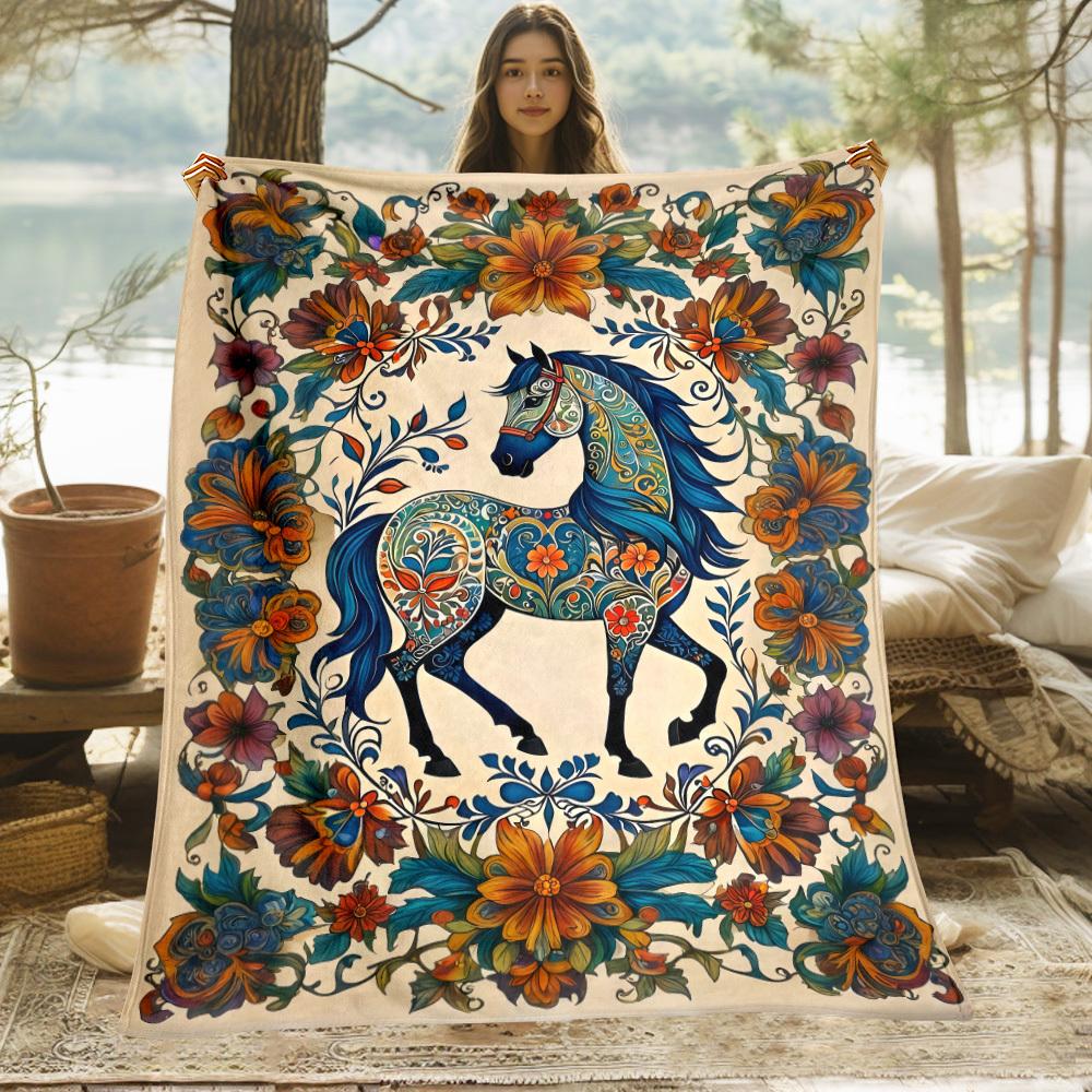 Custom Horse Blanket Floral Mandala Ethnic Pattern Design Personalized Name Fleece Throw All Season Soft Warm Bedding Home Decor
