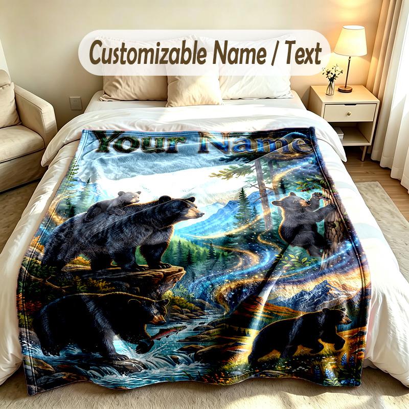 Bear Panda Theme Soft Blanket Personalized Custom Name Text Print Warm Blanket Home Sofa Bedroom Decor