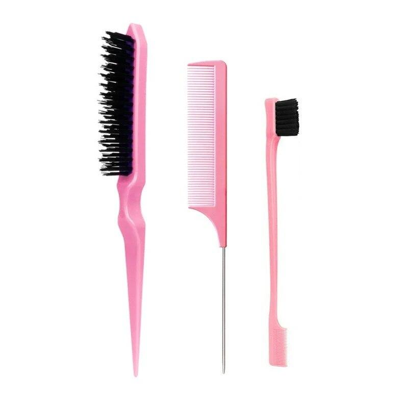 Three-piece hair comb set: Tapered tail comb, three-row comb, steel needle rat tail comb, toothbrush, eyebrow brush