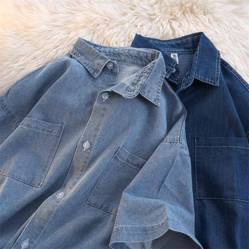 Summer short-sleeved denim shirt trendy solid color ruffian handsome Hong Kong style thin Japanese shirt casual jacket