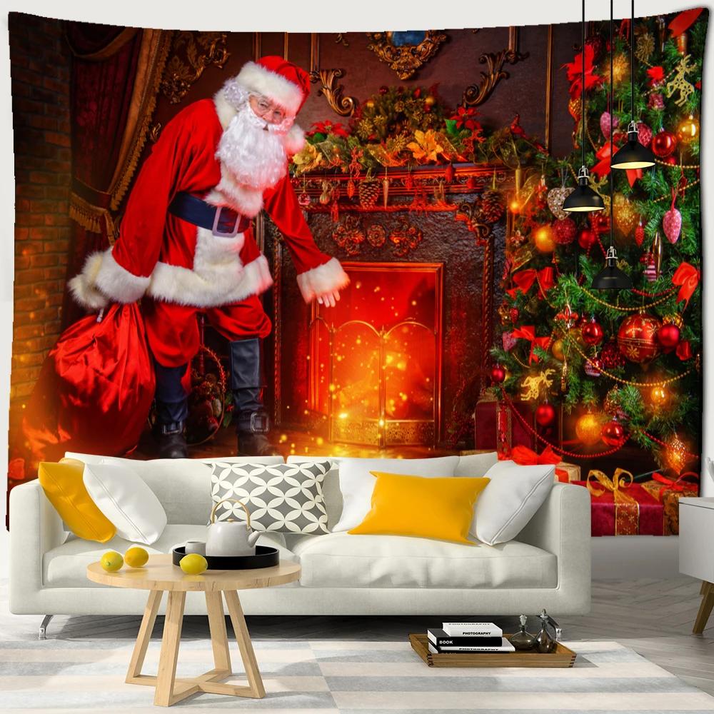 Neon Fireplace Tapestry Wall Hanging Christmas Tree Gift Socks New Year Atmosphere Background Cloth Witchcraft Home Decor