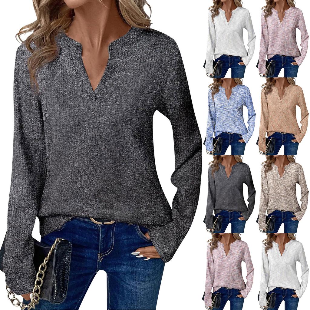Women's Long Sleeve Shirts Knit Tops V Neck Casual Basic Tops Pullovers