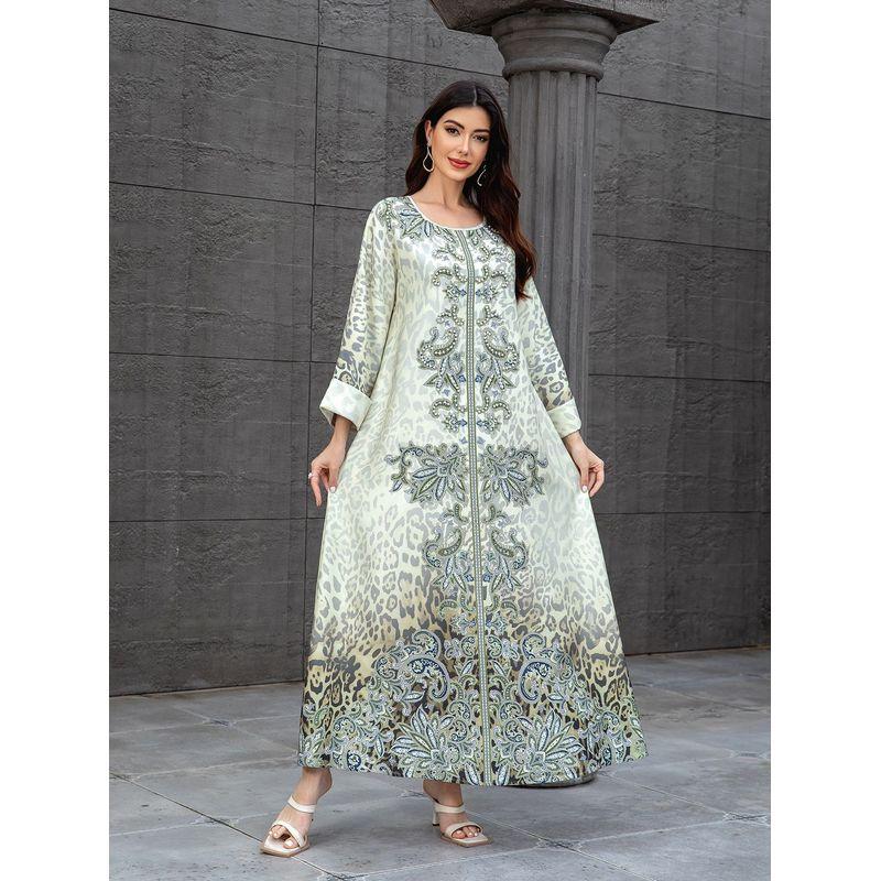 Middle East Cross Border Women clothes Dubai Robe Leopard Print Print Beads Hot Drilling Arab Length Plus size dresses Dress