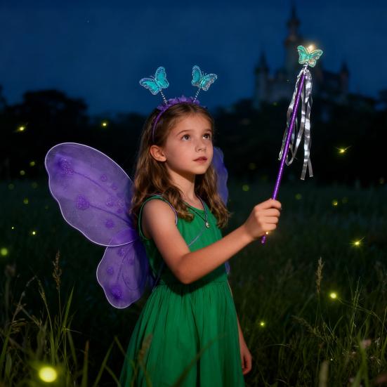 Yousheng 1 Set Girls Butterfly Wings Kids Foldable Butterfly Fairy Wings Hairband And Wand Fairy Costume Props for Halloween Parties Cosplay Photo