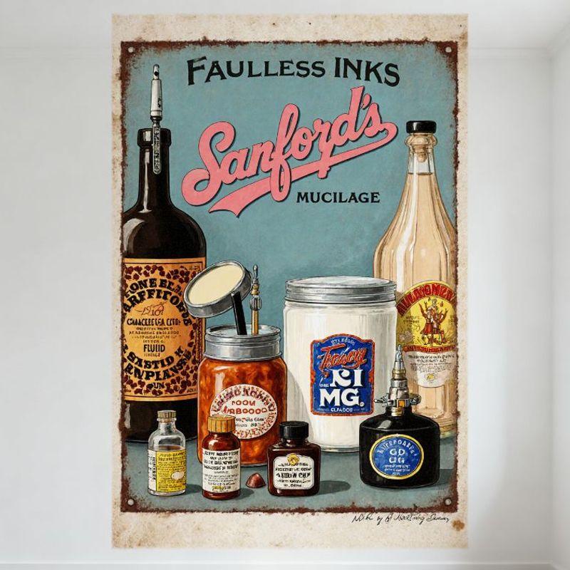 

Vintage Faulless Inks Sanford s Mucilage Tin Sign Early 20th-Century Ink & Mucilage Containers Metal Poster for Bar Home Office 20x30cm（7.8x11.8inch）