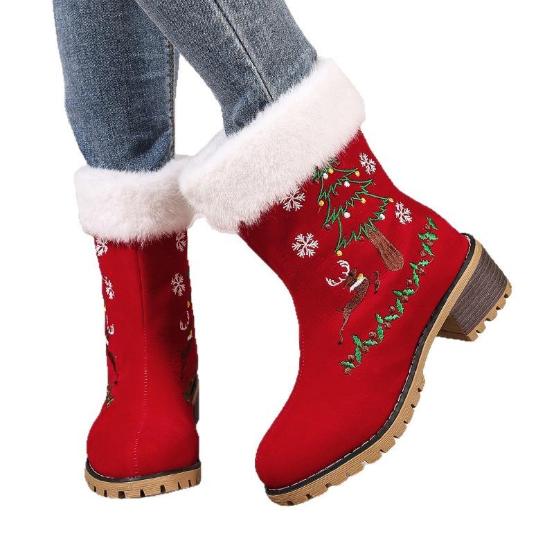 Women's Red Christmas Snow Boots Round Toe Chunky Heel Thick Sole High Heel Furry Lined Ankle Boots Warm Cotton Shoes