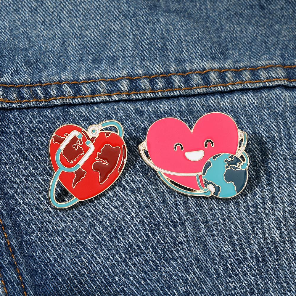 Novelty Red Stethoscope Heart And Earth Design Enamel Brooches Funny Doctor Nurse Golden Pins