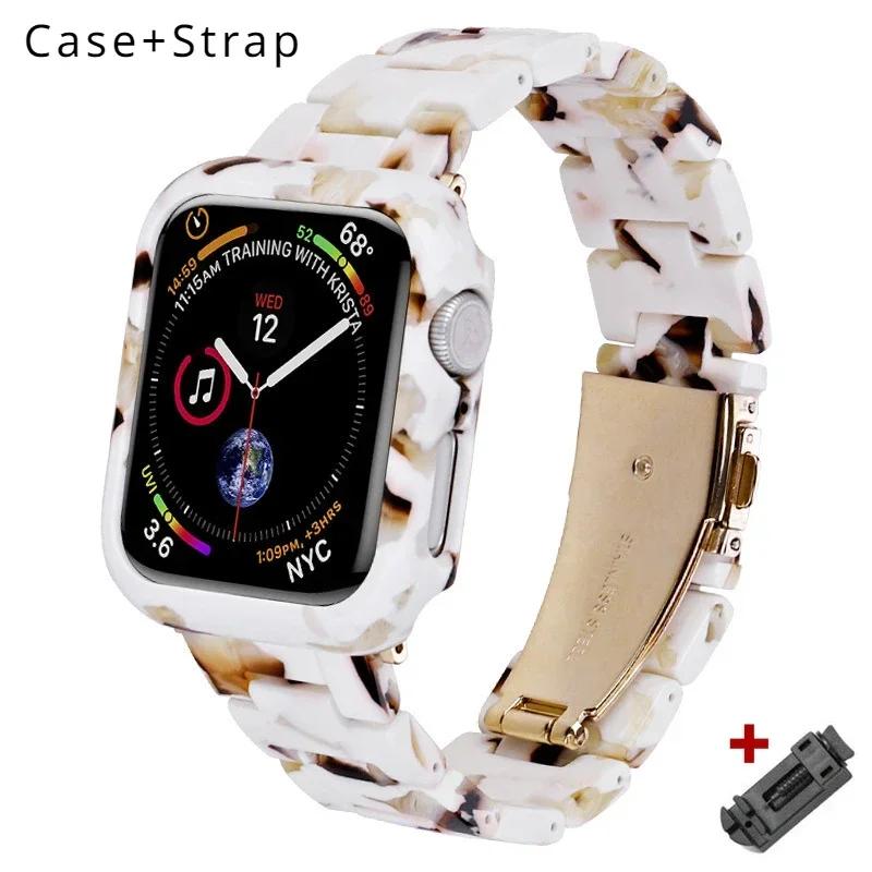 Etui+Pasek z Żywicy do Apple Watch Series 9 41mm 45mm Pasek 38 40mm Pokrowiec Damska Bransoletka do iWatch 8 7 6 SE 5 4 42 mm 44mm Correa