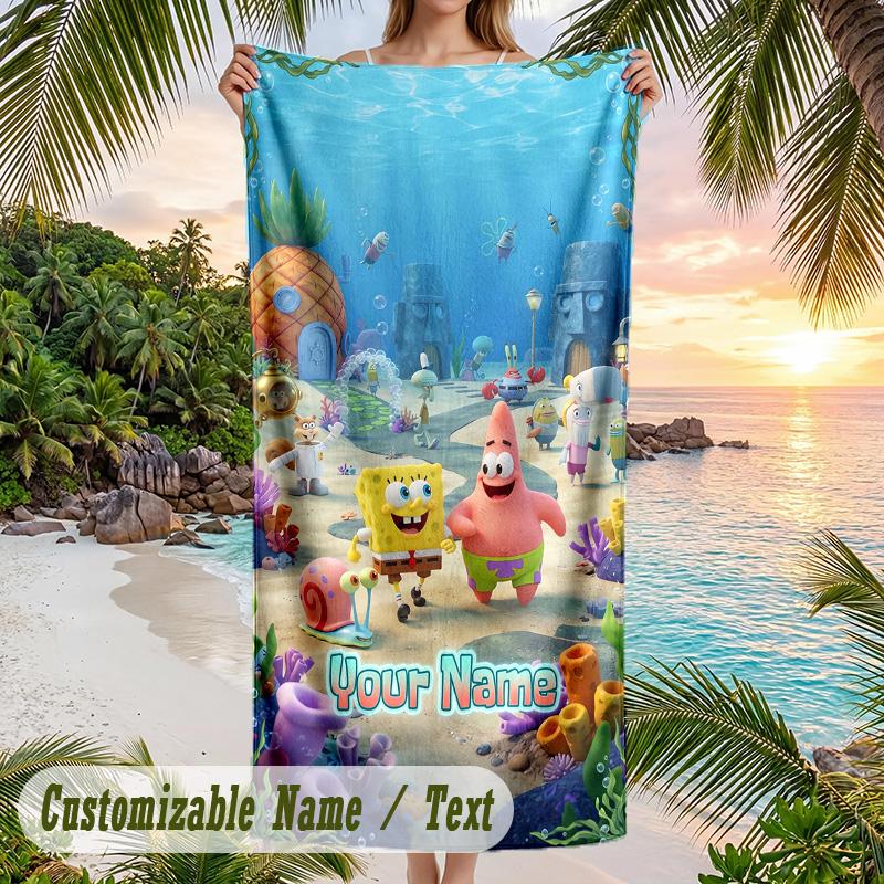 SpongeBob Beach Towel, Personalized Custom Text, Quick Dry Soft Large Towel For Swimming Pool Travel