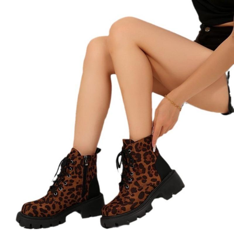 Große Größe dicker Absatz runde Spitze Leopardenmuster kurze Stiefel Damen Wildleder Herbst und Winter Damen Martin Stiefel