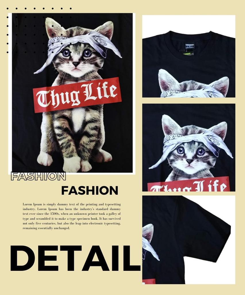 Funny Cat Short Sleeve Summer Oversized Feline Plus Includes Bandana [Four leaf] T-Shirt, Men's Clothing, Silhouette, Print, 100% Cotton, Original,