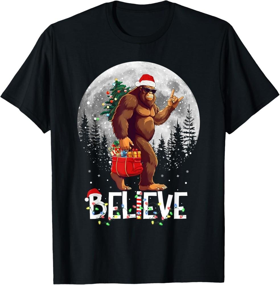 Santa Bigfoot Christmas Lights Funny Sasquatch Believe Xmas TShirt Unisex T-Shirt XXXL