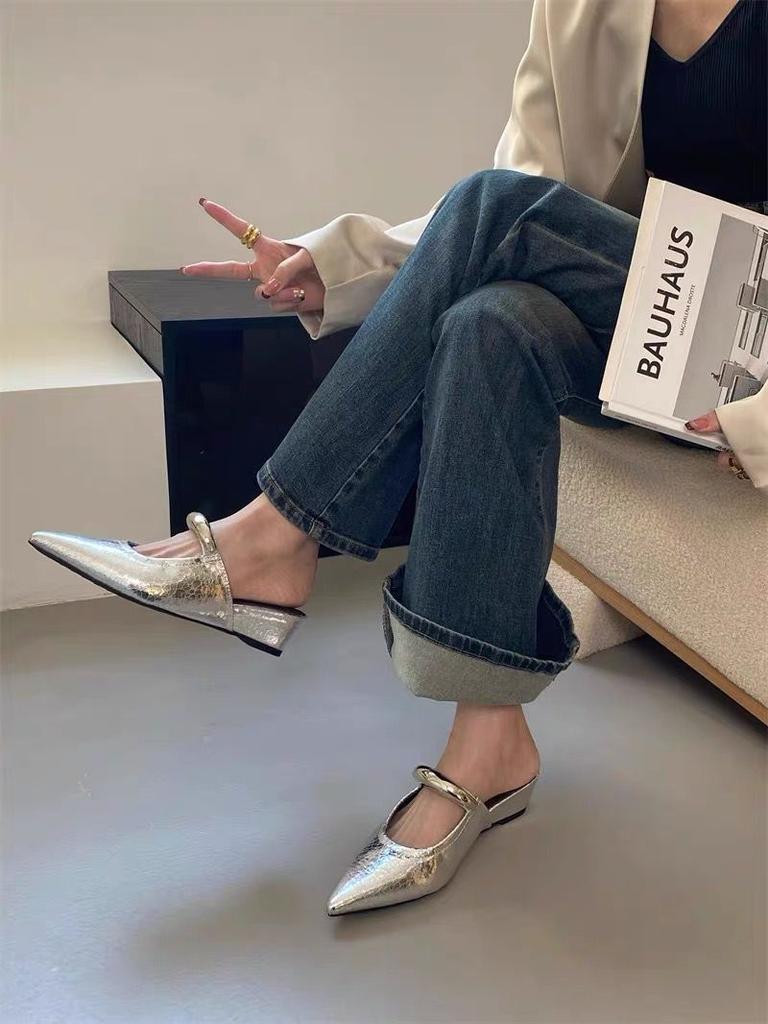 Müller's New Metal Buckle French Retro Slippers Women's Outer Wear Pointed Tip Will Increase by Half a Drag Within 2025 Mary Jane Wedge Heel
