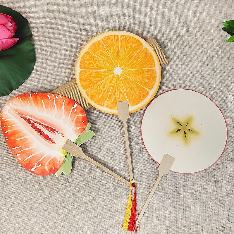 Ventilátor s potiskem melounu Melounový oranžový potisk Kulatý ventilátor s dřevěnou rukojetí Pro cestování v přírodě Kempování Lehký Pro léto