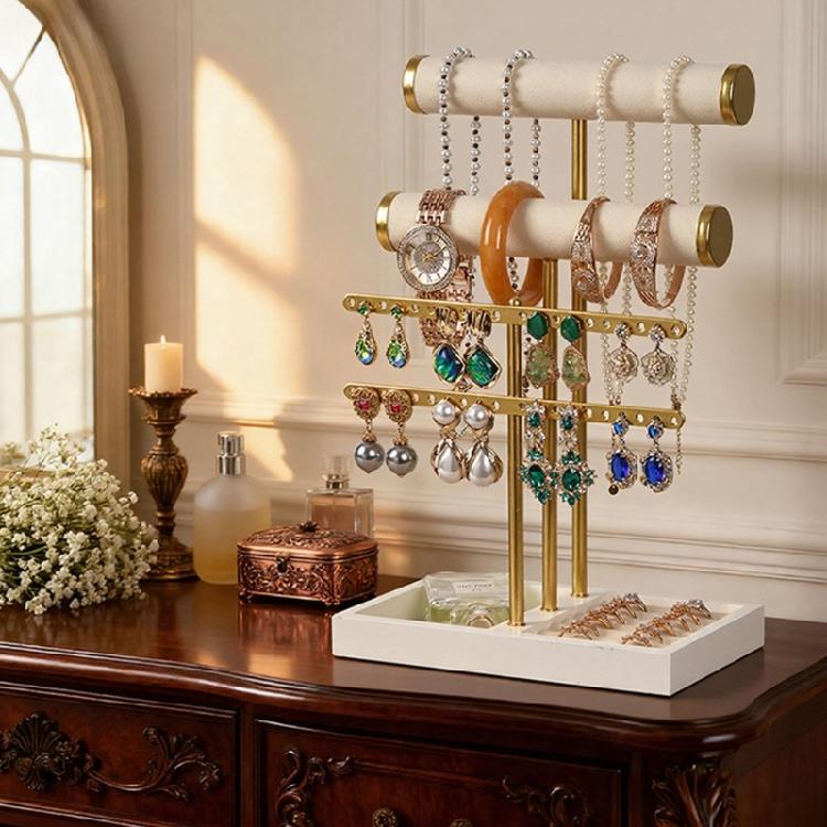 Versatile T Bar Jewelry Stand Organizers for Shop or Home Use Sturdy Metal Base with Removable Wooden Display Rods