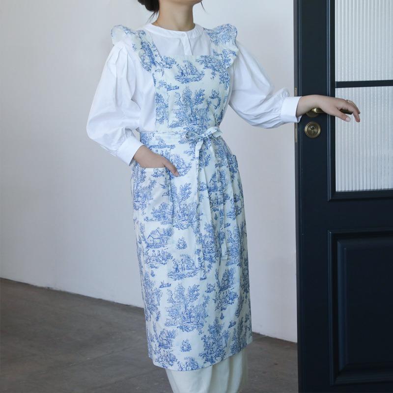 1pcs Apron High-end Ins Household Anti-stained Cotton Vintage Printed Ruffle Floral Waistcoat Multiple Colors Cotton