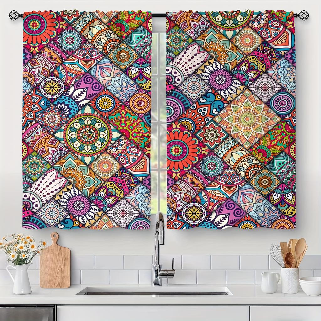 2pc Colorful Bohemian Curtain Rod Pocket Hook Mount Digital Printed Curtain Polyester Material For Living Room Kitchen Bedroom