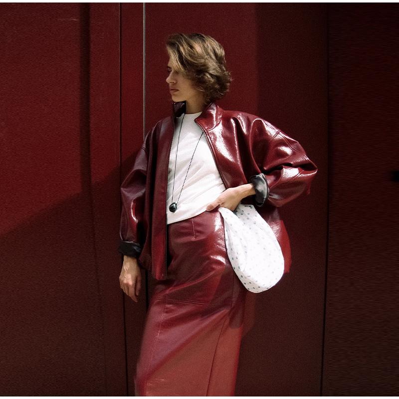 Women Green Stand Collar Leather Jacket Fashion Zipper Long Loose Outerwears Chic 2025 New Autumn Fashion High Street Lady Wear