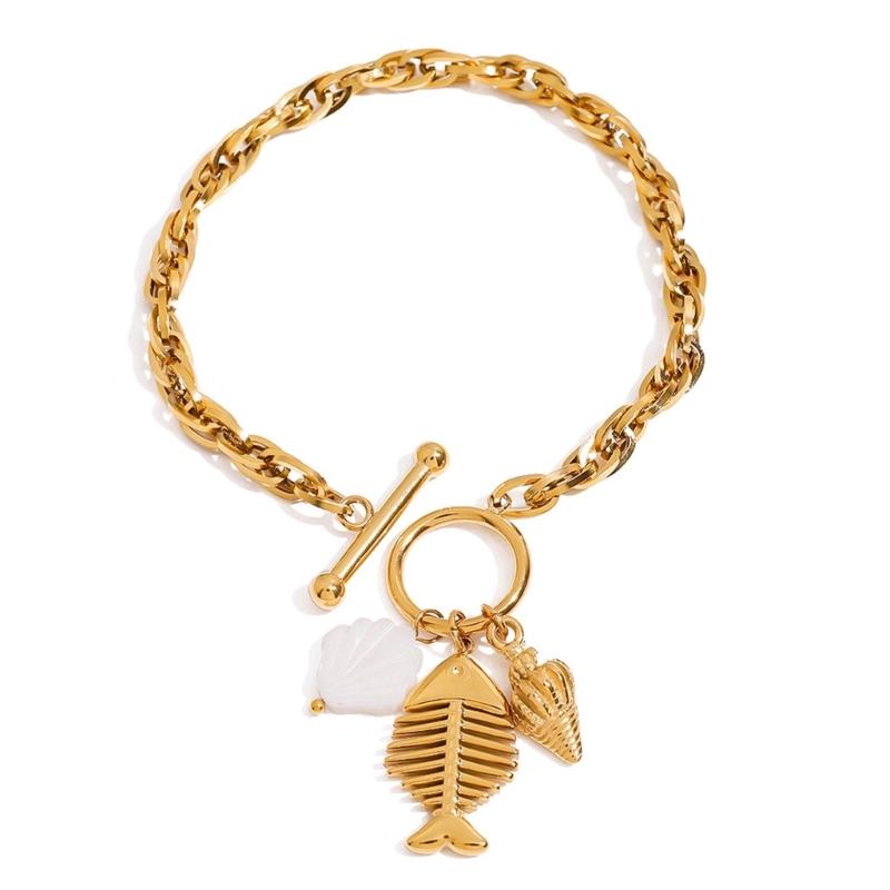 Adjustable Ocean Theme Stainless Steel Bracelet With Shell Conch Fishbone Charm Inspiration By Coastal Accent 1