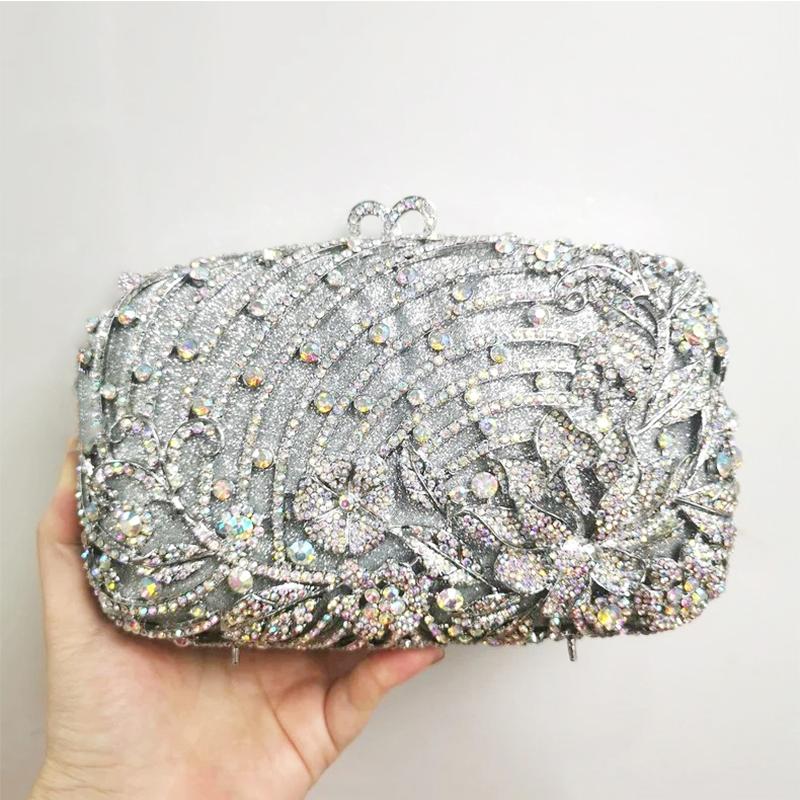 WHTUOHENG Luxury Crystal Evening Clutch Purses Women's Diamond Metallic Wedding Purse Champagne Silver Party Bag Flower Handbags